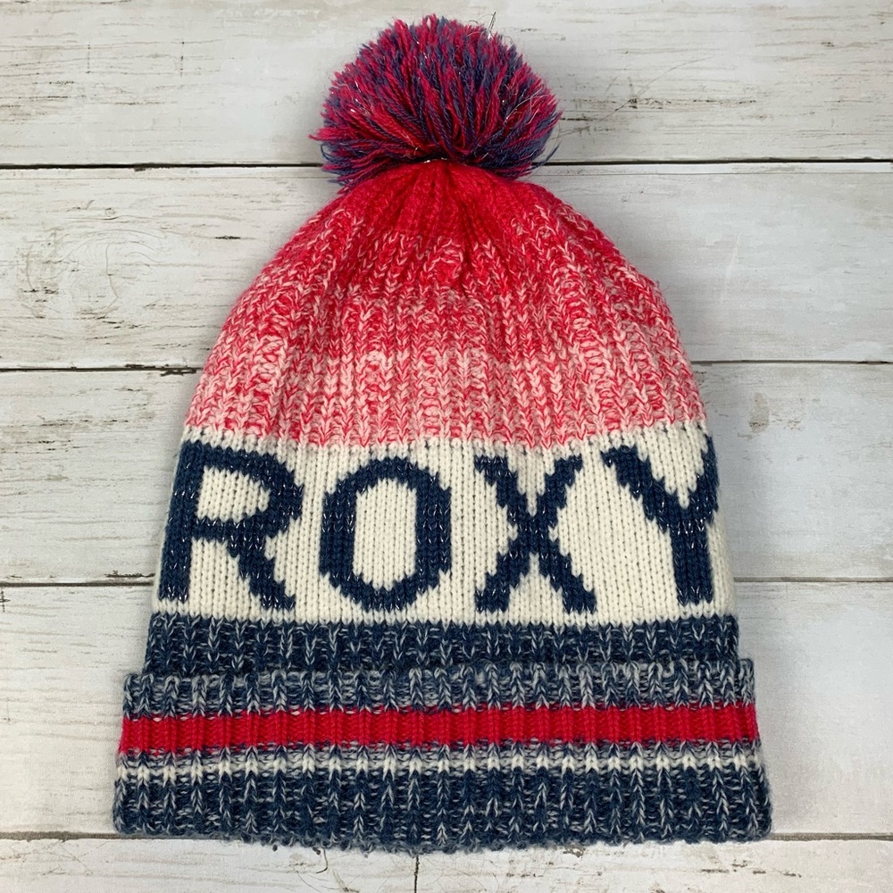 Roxy Knit Lined Puff Pom Foldover Winter Beanie Hat Red Blue Striped